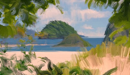 Ocean view. Wide brush painting. Hot summer. Tropical island. Digital art. Pacific atoll. 2d illustration. Blue water. © Jakub