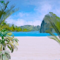 Ocean view. Wide brush painting. Hot summer. Tropical island. Digital art. Pacific atoll. 2d illustration. Blue water. © Jakub