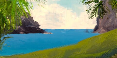 Ocean view. Wide brush painting. Hot summer. Tropical island. Digital art. Pacific atoll. 2d illustration. Blue water. © Jakub