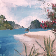 Ocean view. Wide brush painting. Hot summer. Tropical island. Digital art. Pacific atoll. 2d illustration. Blue water. © Jakub