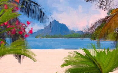 Ocean view. Wide brush painting. Hot summer. Tropical island. Digital art. Pacific atoll. 2d illustration. Blue water. © Jakub