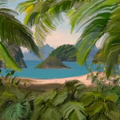 Ocean view. Wide brush painting. Hot summer. Tropical island. Digital art. Pacific atoll. 2d illustration. Blue water. © Jakub