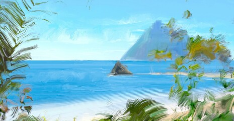 Ocean view. Wide brush painting. Hot summer. Tropical island. Digital art. Pacific atoll. 2d illustration. Blue water. © Jakub