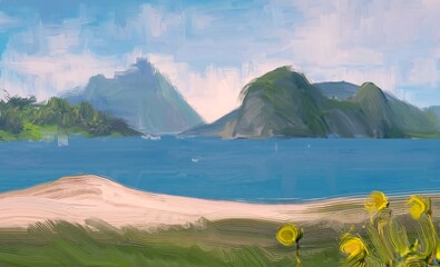 Ocean view. Wide brush painting. Hot summer. Tropical island. Digital art. Pacific atoll. 2d illustration. Blue water. © Jakub