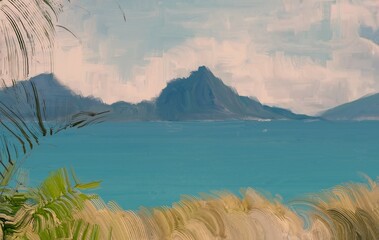 Ocean view. Wide brush painting. Hot summer. Tropical island. Digital art. Pacific atoll. 2d illustration. Blue water. © Jakub