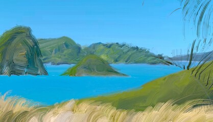 Ocean view. Wide brush painting. Hot summer. Tropical island. Digital art. Pacific atoll. 2d illustration. Blue water. © Jakub