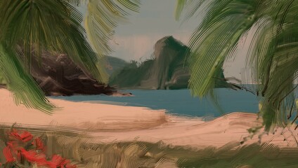 Ocean view. Wide brush painting. Hot summer. Tropical island. Digital art. Pacific atoll. 2d illustration. Blue water. © Jakub