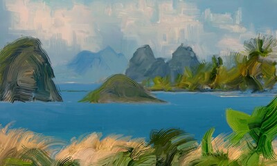 Ocean view. Wide brush painting. Hot summer. Tropical island. Digital art. Pacific atoll. 2d illustration. Blue water. © Jakub