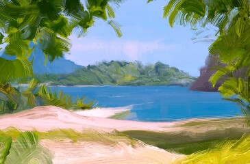 Ocean view. Wide brush painting. Hot summer. Tropical island. Digital art. Pacific atoll. 2d illustration. Blue water. © Jakub