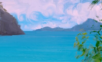 Ocean view. Wide brush painting. Hot summer. Tropical island. Digital art. Pacific atoll. 2d illustration. Blue water. © Jakub