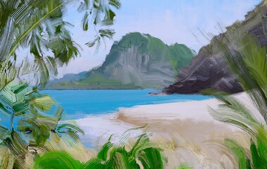 Ocean view. Wide brush painting. Hot summer. Tropical island. Digital art. Pacific atoll. 2d illustration. Blue water. © Jakub