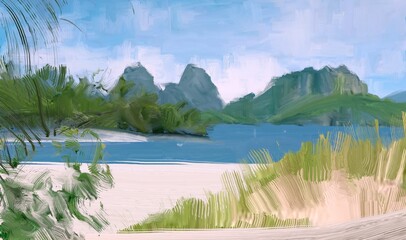 Ocean view. Wide brush painting. Hot summer. Tropical island. Digital art. Pacific atoll. 2d illustration. Blue water. © Jakub