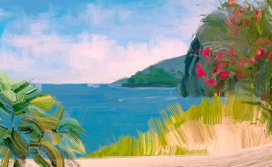 Ocean view. Wide brush painting. Hot summer. Tropical island. Digital art. Pacific atoll. 2d illustration. Blue water. © Jakub