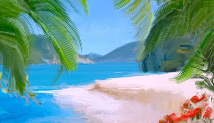 Ocean view. Wide brush painting. Hot summer. Tropical island. Digital art. Pacific atoll. 2d illustration. Blue water. © Jakub