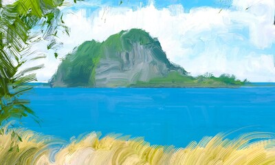 Ocean view. Wide brush painting. Hot summer. Tropical island. Digital art. Pacific atoll. 2d illustration. Blue water. © Jakub