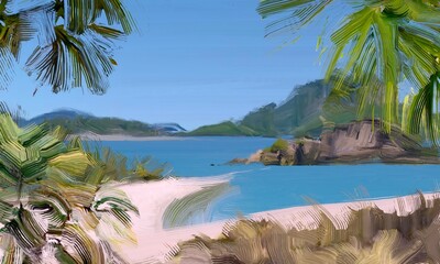 Ocean view. Wide brush painting. Hot summer. Tropical island. Digital art. Pacific atoll. 2d illustration. Blue water. © Jakub
