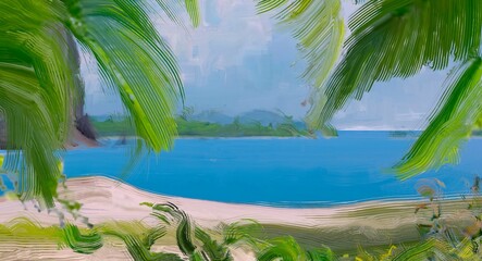 Naklejka na ściany i meble Ocean view. Wide brush painting. Hot summer. Tropical island. Digital art. Pacific atoll. 2d illustration. Blue water.