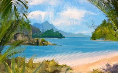 Ocean view. Wide brush painting. Hot summer. Tropical island. Digital art. Pacific atoll. 2d illustration. Blue water. © Jakub