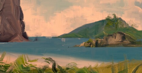 Ocean view. Wide brush painting. Hot summer. Tropical island. Digital art. Pacific atoll. 2d illustration. Blue water. © Jakub