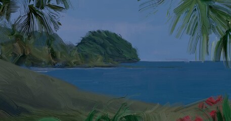 Ocean view. Wide brush painting. Hot summer. Tropical island. Digital art. Pacific atoll. 2d illustration. Blue water. © Jakub