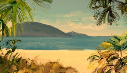 Ocean view. Wide brush painting. Hot summer. Tropical island. Digital art. Pacific atoll. 2d illustration. Blue water. © Jakub