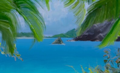 Fototapeta na wymiar Ocean view. Wide brush painting. Hot summer. Tropical island. Digital art. Pacific atoll. 2d illustration. Blue water.