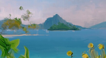 Ocean view. Wide brush painting. Hot summer. Tropical island. Digital art. Pacific atoll. 2d illustration. Blue water. © Jakub
