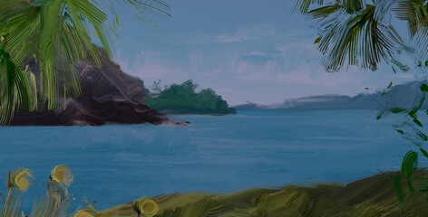 Ocean view. Wide brush painting. Hot summer. Tropical island. Digital art. Pacific atoll. 2d illustration. Blue water. © Jakub