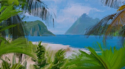 Ocean view. Wide brush painting. Hot summer. Tropical island. Digital art. Pacific atoll. 2d illustration. Blue water. © Jakub
