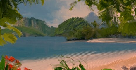 Ocean view. Wide brush painting. Hot summer. Tropical island. Digital art. Pacific atoll. 2d illustration. Blue water. © Jakub