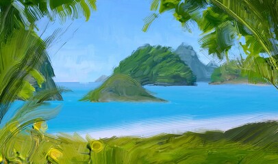 Ocean view. Wide brush painting. Hot summer. Tropical island. Digital art. Pacific atoll. 2d illustration. Blue water. © Jakub