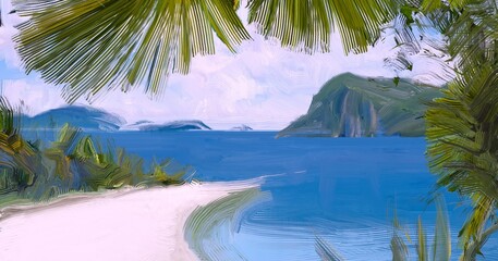 Ocean view. Wide brush painting. Hot summer. Tropical island. Digital art. Pacific atoll. 2d illustration. Blue water. © Jakub
