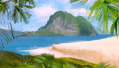 Ocean view. Wide brush painting. Hot summer. Tropical island. Digital art. Pacific atoll. 2d illustration. Blue water. © Jakub