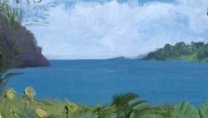 Ocean view. Wide brush painting. Hot summer. Tropical island. Digital art. Pacific atoll. 2d illustration. Blue water. © Jakub