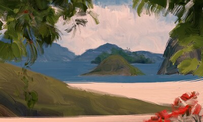 Ocean view. Wide brush painting. Hot summer. Tropical island. Digital art. Pacific atoll. 2d illustration. Blue water. © Jakub