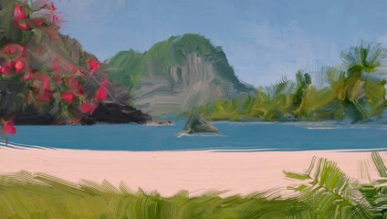 Ocean view. Wide brush painting. Hot summer. Tropical island. Digital art. Pacific atoll. 2d illustration. Blue water. © Jakub