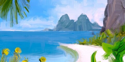 Ocean view. Wide brush painting. Hot summer. Tropical island. Digital art. Pacific atoll. 2d illustration. Blue water. © Jakub