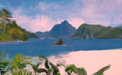 Ocean view. Wide brush painting. Hot summer. Tropical island. Digital art. Pacific atoll. 2d illustration. Blue water. © Jakub