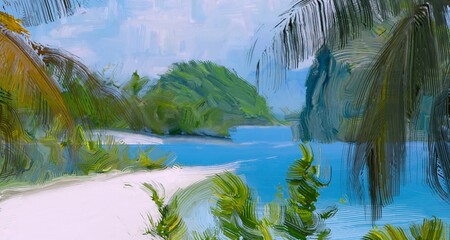 Ocean view. Wide brush painting. Hot summer. Tropical island. Digital art. Pacific atoll. 2d illustration. Blue water. © Jakub