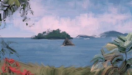 Ocean view. Wide brush painting. Hot summer. Tropical island. Digital art. Pacific atoll. 2d illustration. Blue water. © Jakub