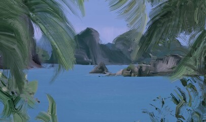 Ocean view. Wide brush painting. Hot summer. Tropical island. Digital art. Pacific atoll. 2d illustration. Blue water. © Jakub