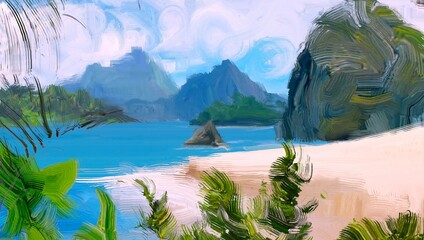 Ocean view. Wide brush painting. Hot summer. Tropical island. Digital art. Pacific atoll. 2d illustration. Blue water. © Jakub