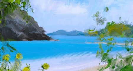 Ocean view. Wide brush painting. Hot summer. Tropical island. Digital art. Pacific atoll. 2d illustration. Blue water. © Jakub