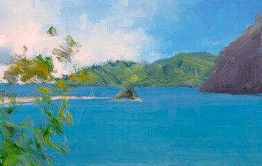 Ocean view. Wide brush painting. Hot summer. Tropical island. Digital art. Pacific atoll. 2d illustration. Blue water. © Jakub