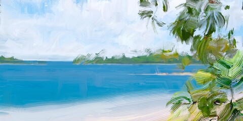 Fototapeta na wymiar Ocean view. Wide brush painting. Hot summer. Tropical island. Digital art. Pacific atoll. 2d illustration. Blue water.