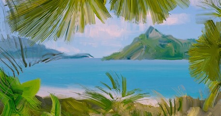 Ocean view. Wide brush painting. Hot summer. Tropical island. Digital art. Pacific atoll. 2d illustration. Blue water. © Jakub
