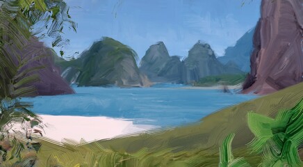 Ocean view. Wide brush painting. Hot summer. Tropical island. Digital art. Pacific atoll. 2d illustration. Blue water. © Jakub