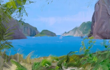 Ocean view. Wide brush painting. Hot summer. Tropical island. Digital art. Pacific atoll. 2d illustration. Blue water. © Jakub