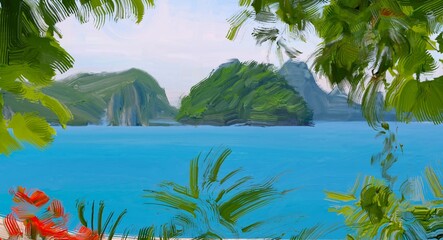 Ocean view. Wide brush painting. Hot summer. Tropical island. Digital art. Pacific atoll. 2d illustration. Blue water. © Jakub