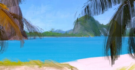 Ocean view. Wide brush painting. Hot summer. Tropical island. Digital art. Pacific atoll. 2d illustration. Blue water. © Jakub